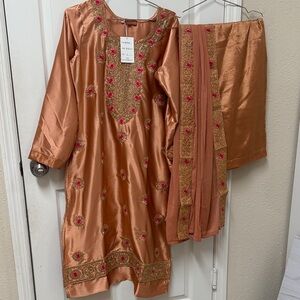 NWT Pakistani Indian Elegant Embroidered Orange peach Dress